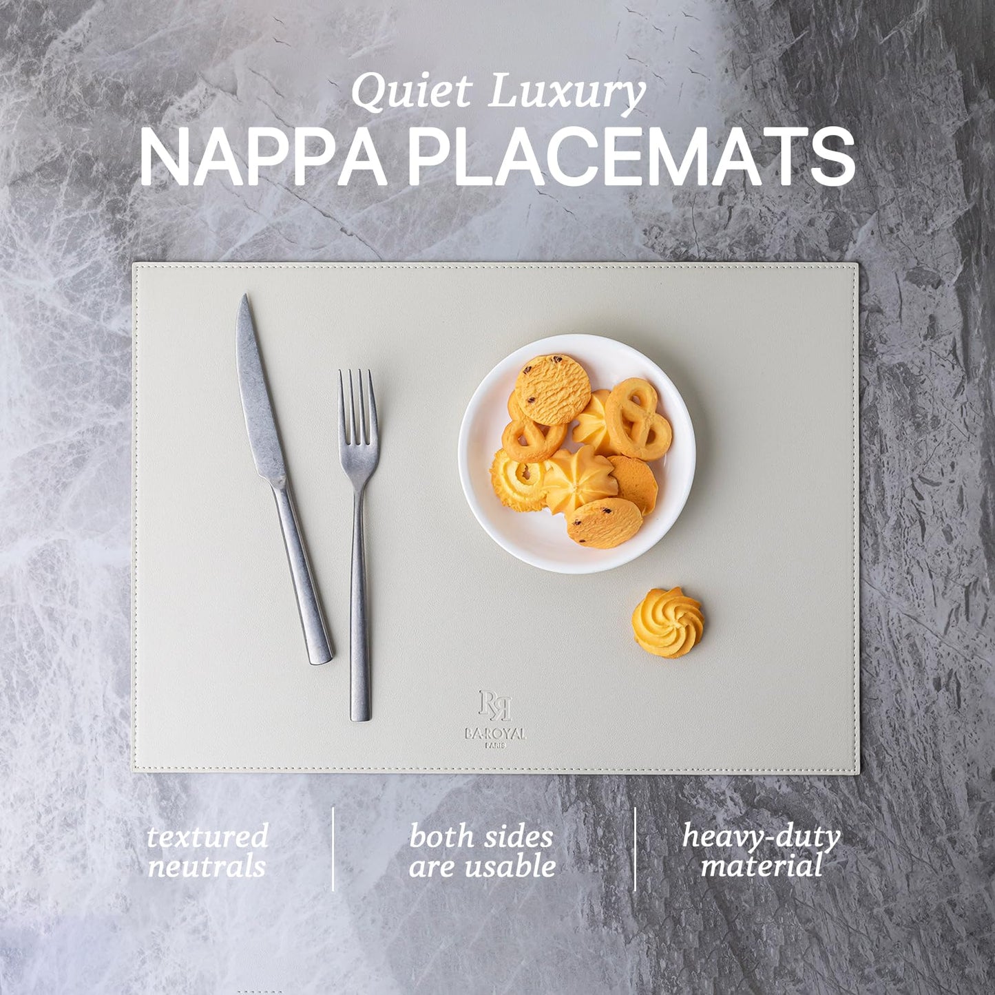 Baroyal Faux Leather Placemats Set of 6 Vinyl Washable Wipeable Table Mats for Kitchen Dining Table Heat Resistant Waterproof Modern Indoor/Outdoor Placemats Non-Slip Easy Clean Place Mats-Cream White