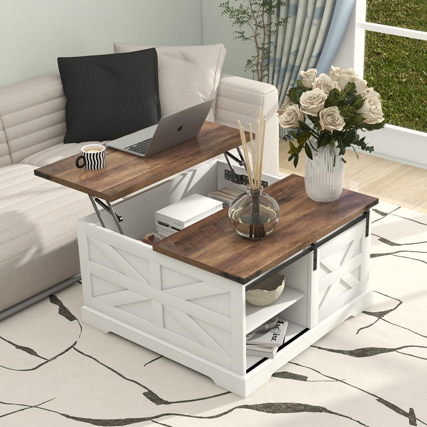 TaoHFE Lift Top Coffee Table with Storage,Rustic White Farmhouse Coffee Table, Square Storage Compartment and Adjustable Shelves Coffee Tables for Living Room (Oak White)
