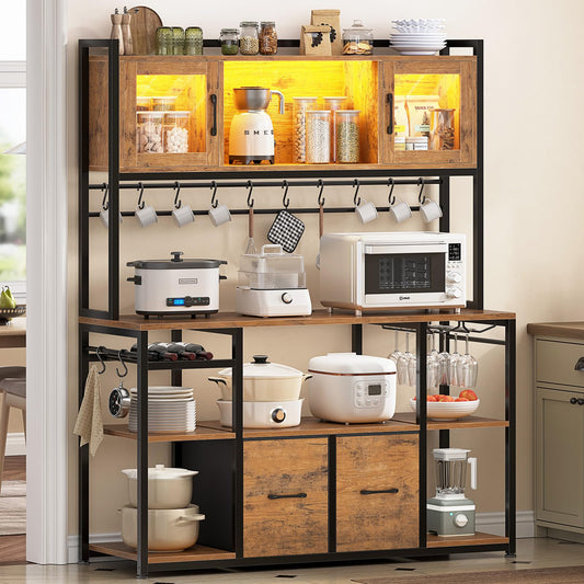 Itaar 47.2 Inch Coffee Bar Cabinet with Power Outlet, Farmhouse Bakers Rack with Storage, Kitchen Microwave Stand with Wine Rack, LED Light, Glass Cabinet, Goblet Holder and 12 Hooks (Rustic Brown)