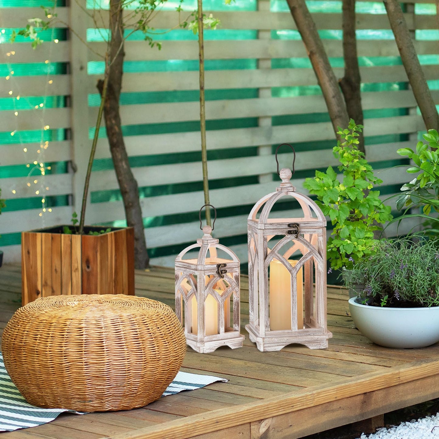 Staymoment Farmhouse Lanterns Decorative Indoor: 11" & 15" Set of 2 White Wooden Candle Holder Lanterns for Table Centerpiece Fireplace Mantle Home Decor