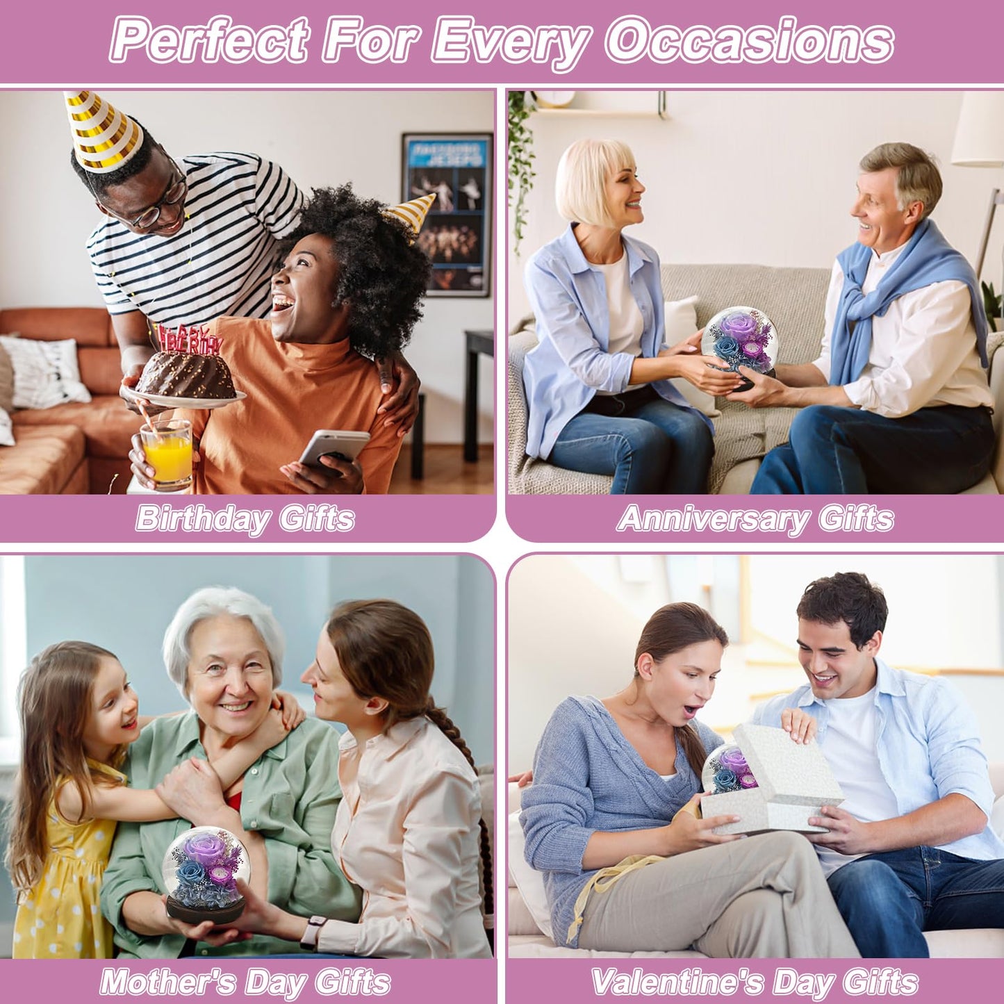 GiftGuru Mothers Day Flowers Delivery Prime, Roses in Glass Dome with LED Light - Gifts for Mom Grandma Her Girlfriend Wife