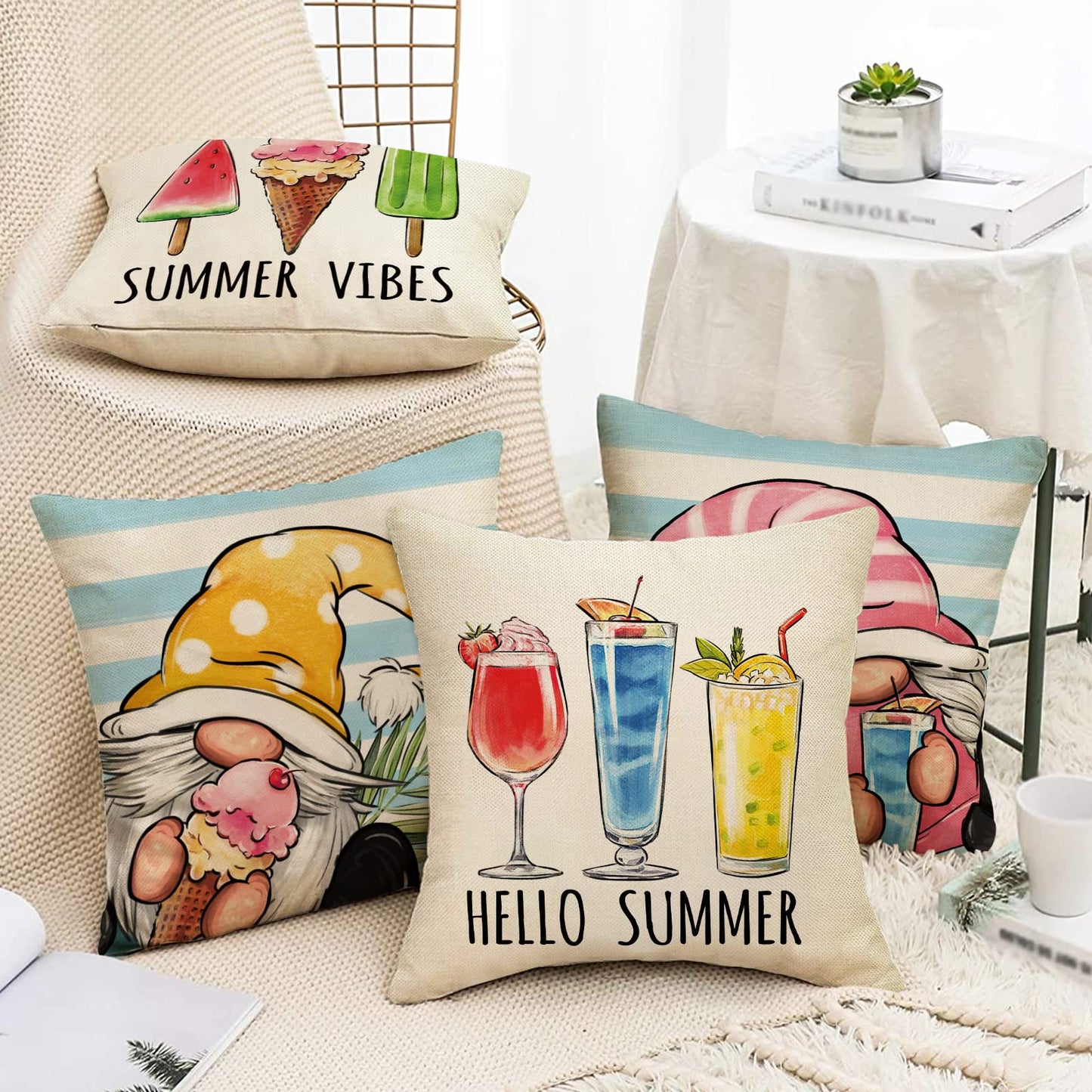Fahrendom Hello Summer Vibes Gnome Decorative Throw Pillow Cover 18 x 18 Set of 4, Ice Cream Popsicle Juice Porch Patio Outdoor Pillowcase, Stripes Seasonal Farmhouse Couch Cushion Case Home Decor