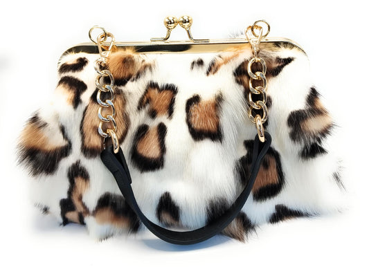 Luxurious Fashion Natural Fox Fur with Hair Handbag for Women and Ladies (Leopard Elegance)