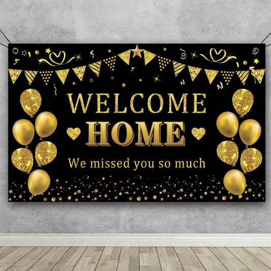 Trgowaul Welcome Home Banner Decorations, Black Gold Welcome Home Backdrop, We Missed You So Much Party Decor, Family Reunion Patriotic Military Homecoming Returning Party Supplies