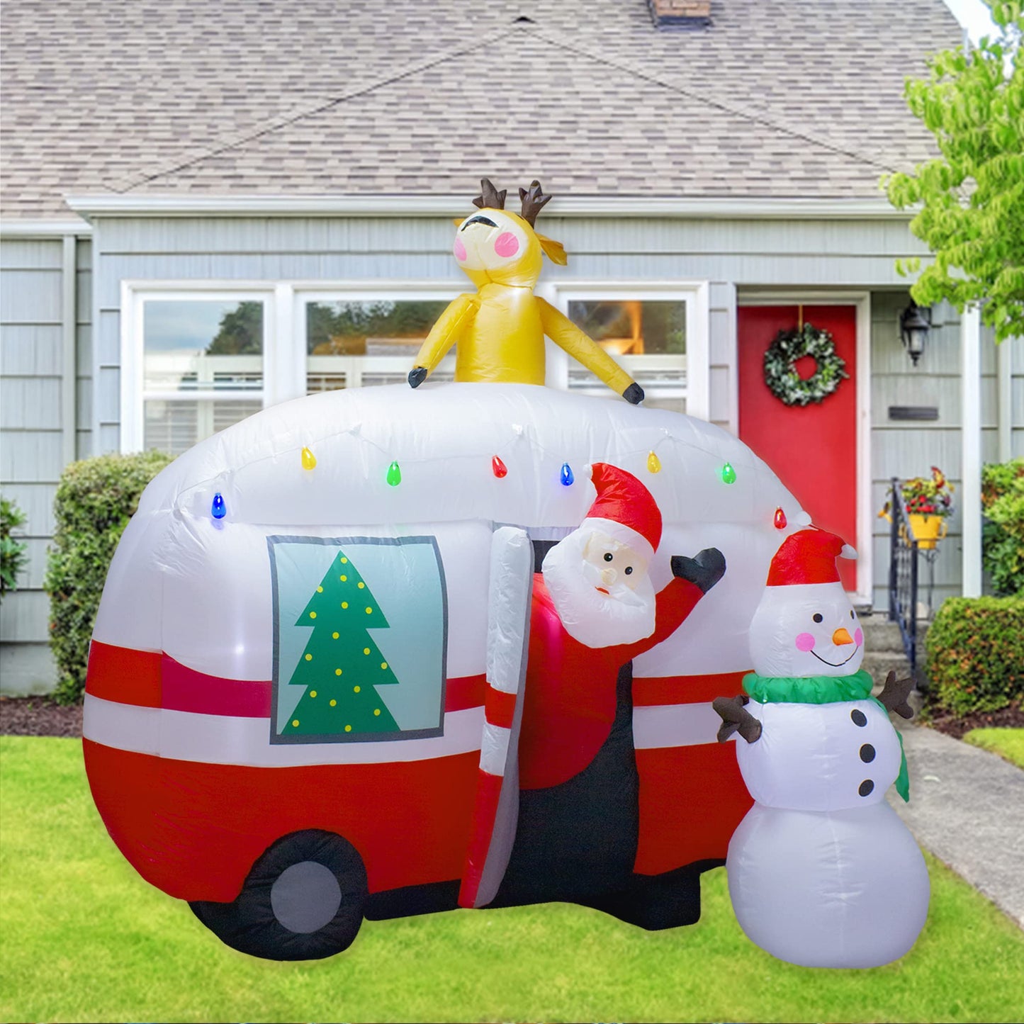 luxfcup 8FT Christmas Inflatable Santa Snowman Camper Inflatables Decoration with LED Lights Outdoor Yard to Blow Up Christmas Car Easter Decorations