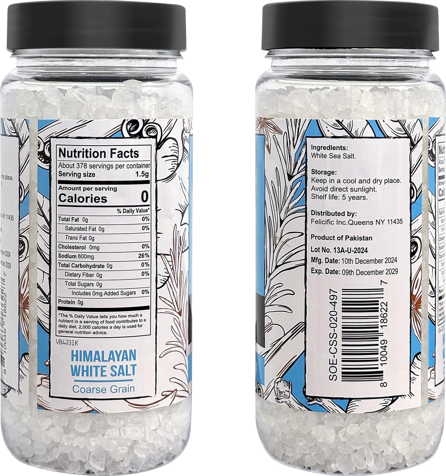 Soeos Sea Salt, Coarse Grain, 20 Oz (1.25 Pound), Non-GMO, Nature Himalayan Kosher Salt, Sea Salt for Grinder Refill (Pack of 1)