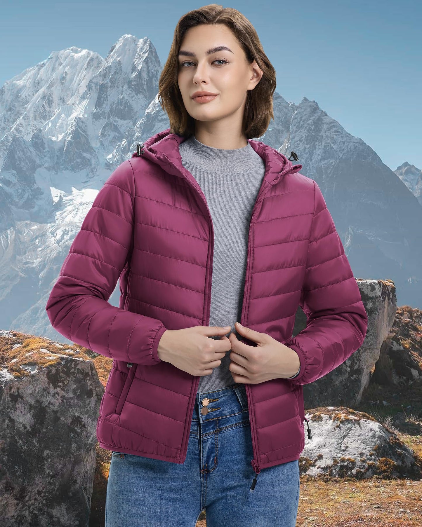 33,000ft Women's Hooded Packable Puffer Jacket Lightweight Warm Puffy Quilted Winter Coat