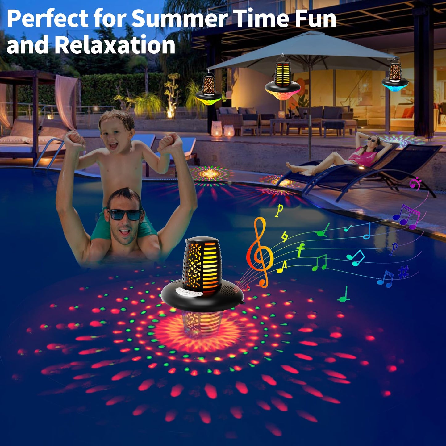 KingSom Floating Pool Speaker,Bluetooth Pool Speaker with LED Flame Light and RGB Light,IP68 Waterproof Bluetooth Speakers,Loud Stereo Sound,TWS Pairing,Built-in Mic,Hot Tub Speakers,Black