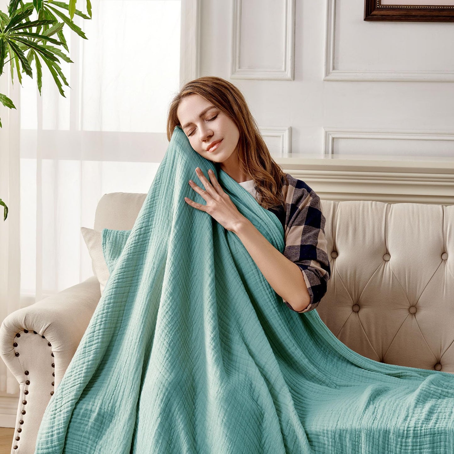 Joydeco 100% Cotton Muslin Throw Blanket for Couch Bed and Sofa, 4-Layer Lightweight and Breathable Soft Gauze Blanket for All Season, Luxury Throws Cotton Blanket Gift(Teal, 55"x75")