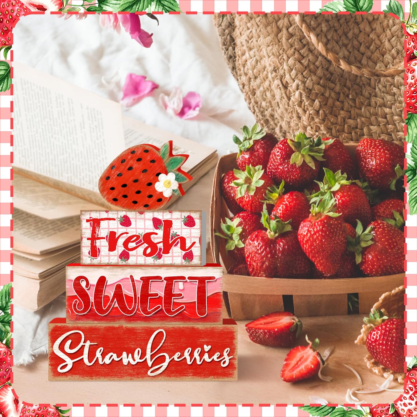 Britimes 4 Pcs Strawberry Decor Summer Wooden Tiered Tray Set, Strawberry Table Décor Farmhouse Rustic Wooden Coffee Table Centerpieces for Home kitchen Office Decorations (Strawberry Style)