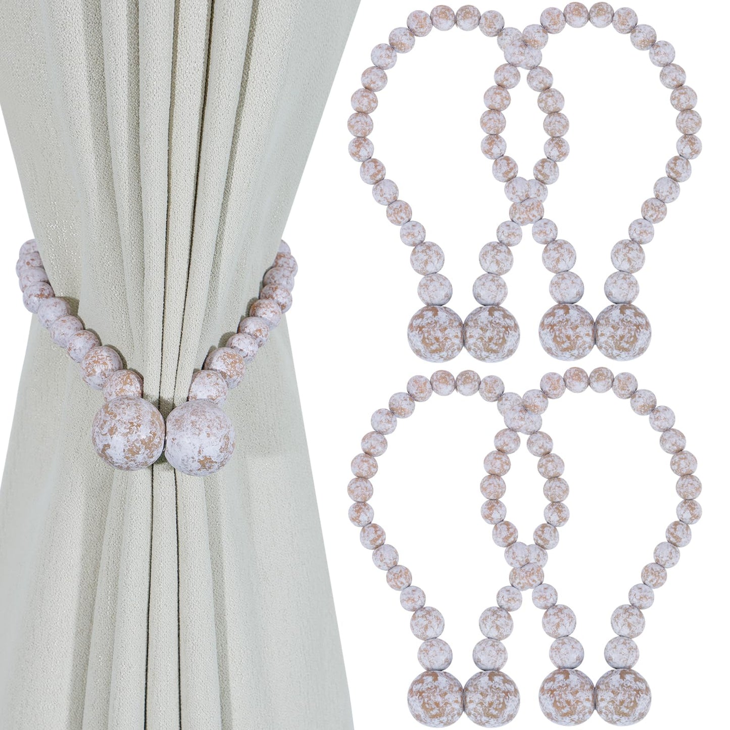 Magnetic Curtain Tiebacks, Curtain Tie Backs for Curtains 2 Pack, Wood Bead Curtain Tiebacks, Curtain Holders for Boho Bedroom Decor, Baby Nursery Decor, Farmhouse Decor