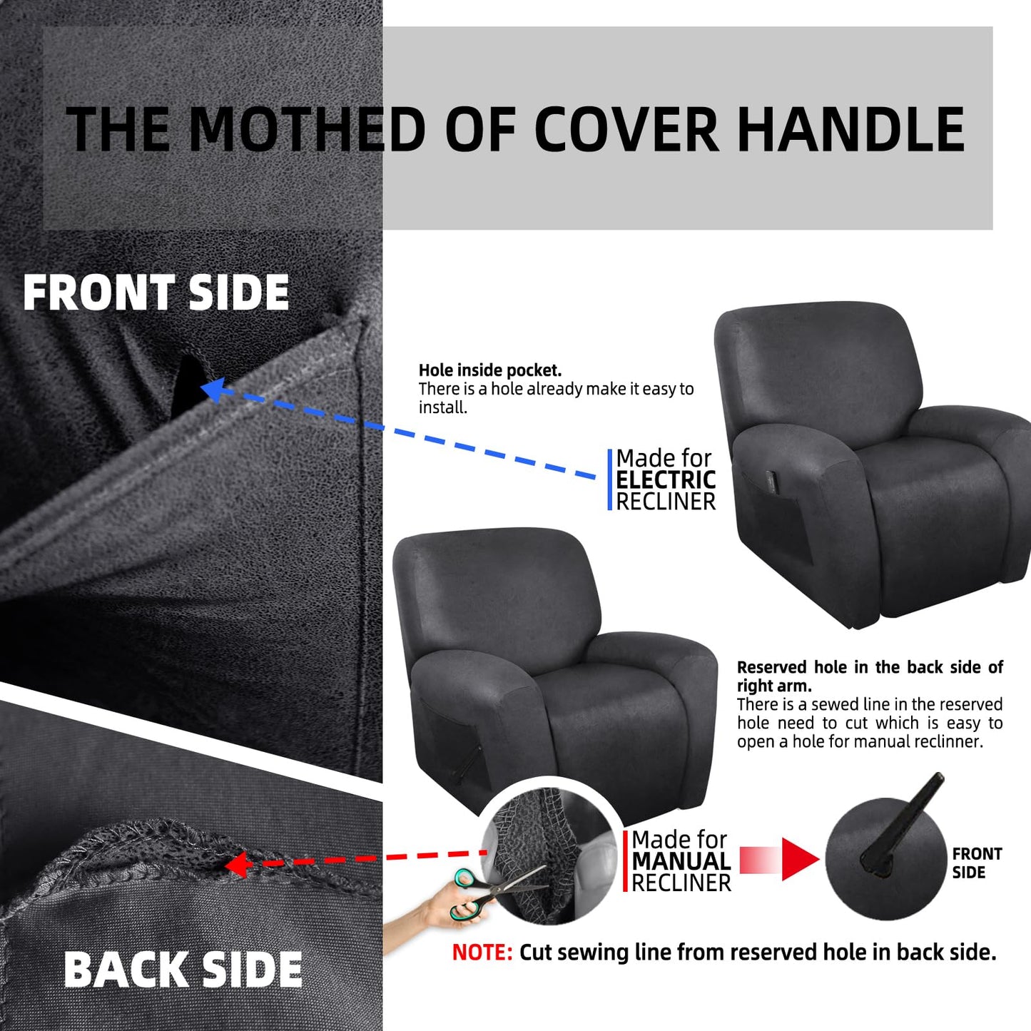 ANARACHON Leather Look Recliner Chair Covers Stay in Place 4-Piece Lazy Boy Recliner Slipcovers for Reclining Chair Furniture Protector Spandex Fabric Washable (X-Large, Dark Gray)