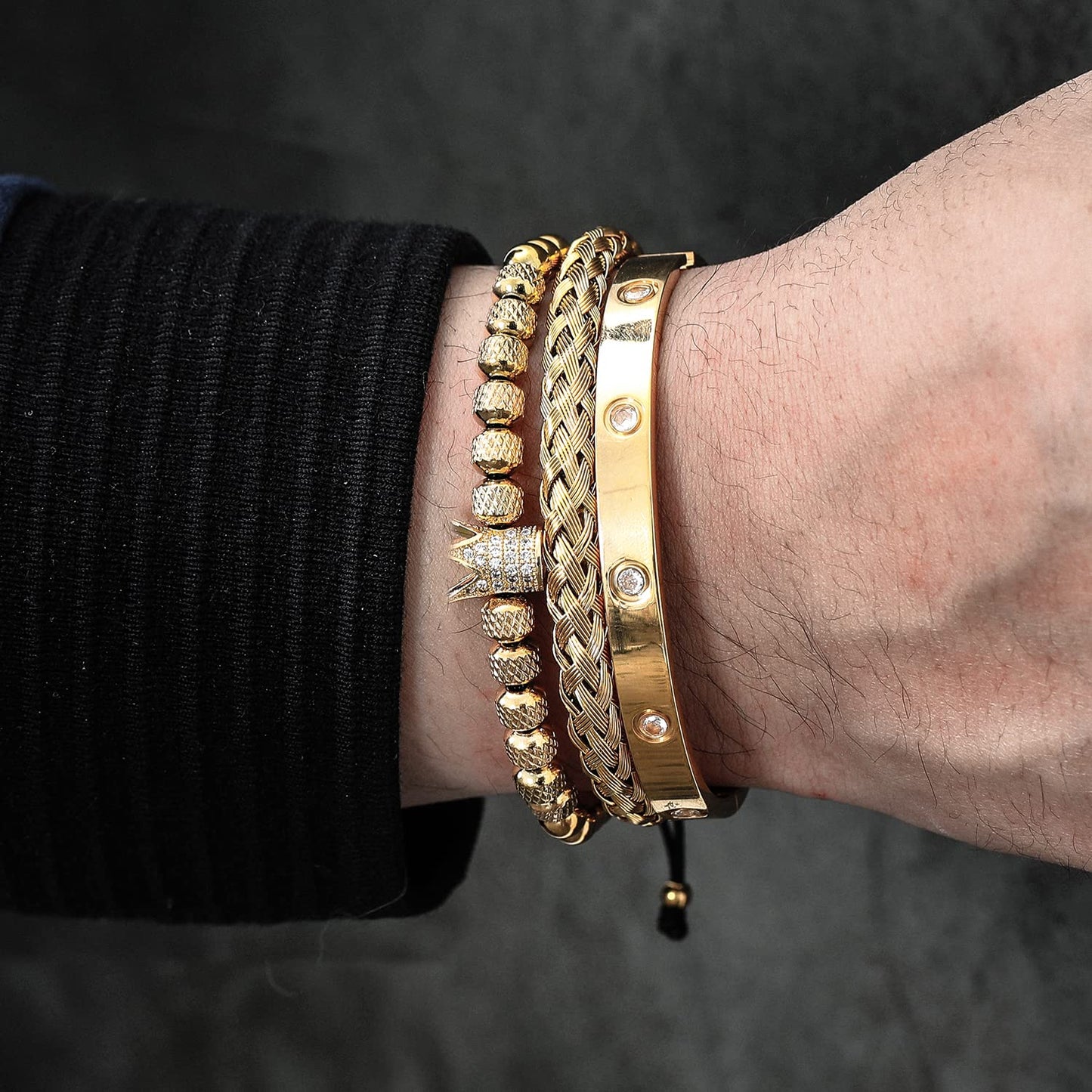 WFYOU 3PCS Stainless Steel Imperial Crown Bracelets for Men Gold Roman Numeral Bangle Bracelet Adjustable Cuff Bracelet Mens Luxury Jewelry Gifts (01:Gold-Cubic Zirconia)