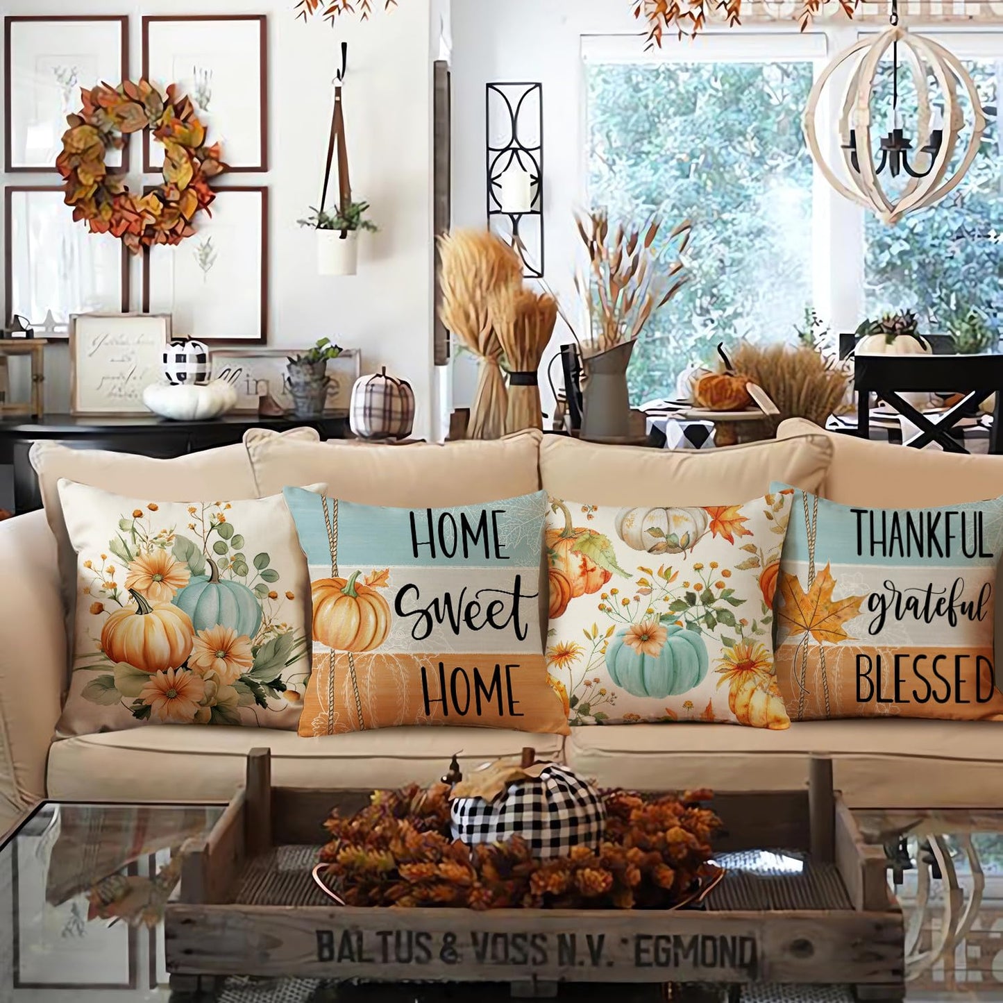 NIGHTWISH Fall Pillow Covers 18x18 Set of 4 Thanksgiving Farmhouse Decorations Floral Pumpkin Outdoor Fall Decor Throw Pillow Covers Home Sweet Home Harvest Autumn Cushion Case for Sofa Couch