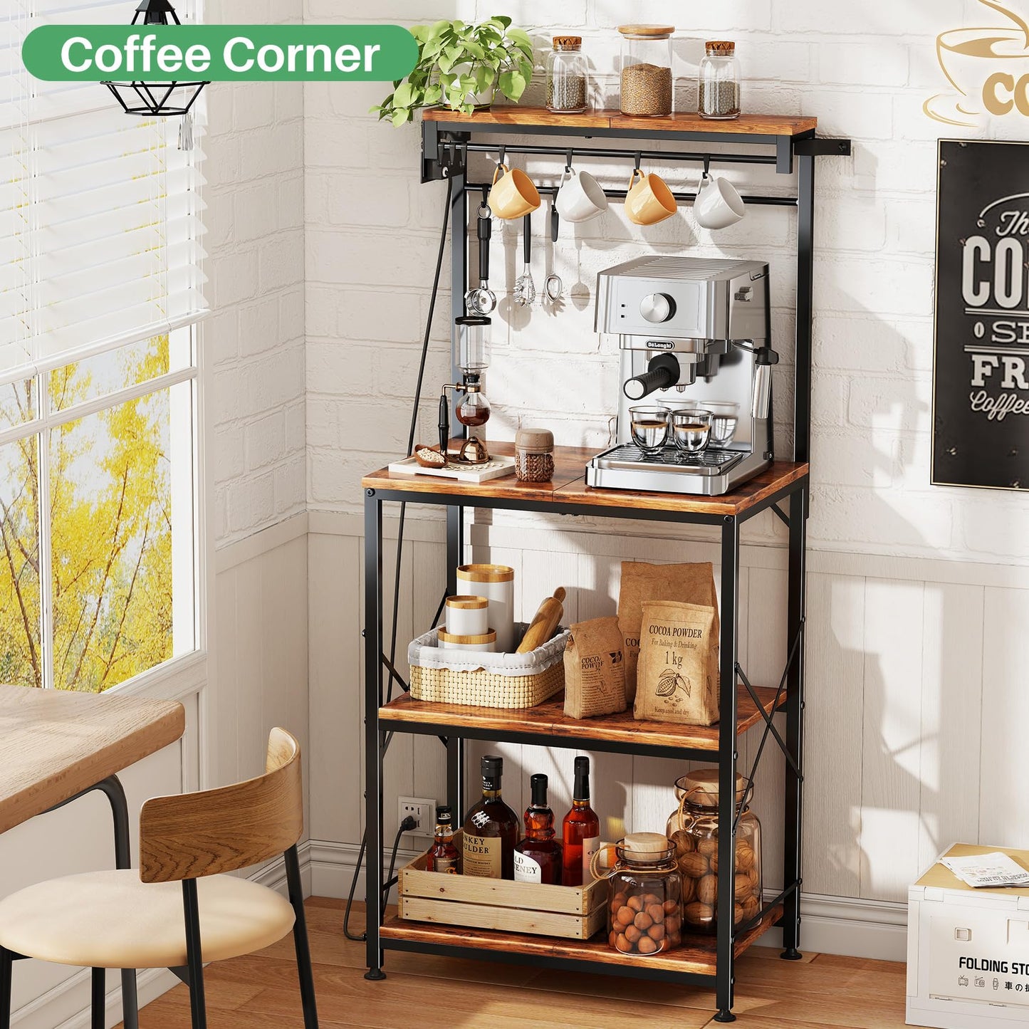Kitchen Bakers Rack with Power Outlet 10 Hooks, 4 Tiers Coffee Bar Station Cabinet, Microwave Stand with Storage (Rustic Brown, 21.7 x 14.2 x 49.6 Inch)