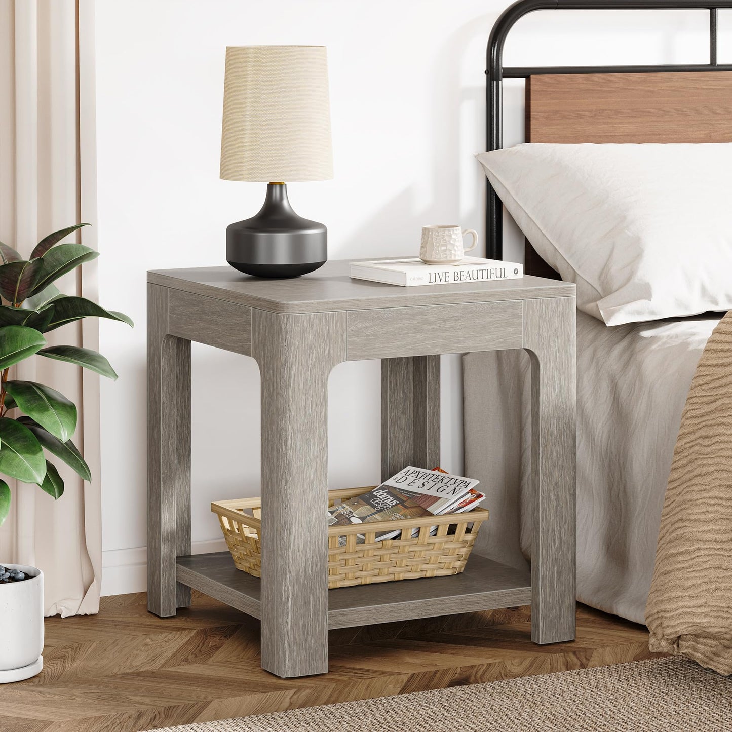 Tribesigns 2-Tier Square End Table, Farmhouse Wooden Side Table with Storage Shelf, Rustic Nightstand for Small Spaces, Living Room(1)