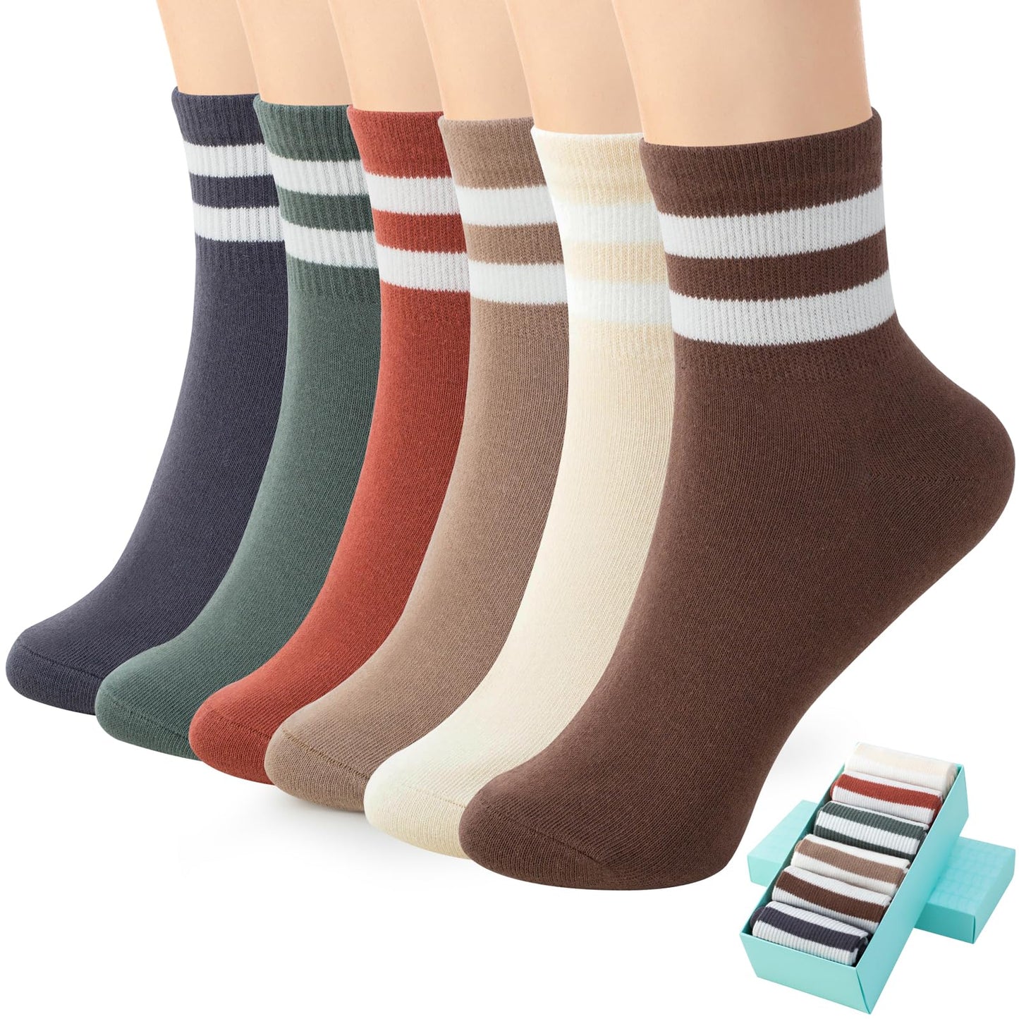 SISOSOCK Quarter Crew Cotton Socks for Women Striped Athletic Casual Breathable Socks 6-10 Pairs with Gifts Box