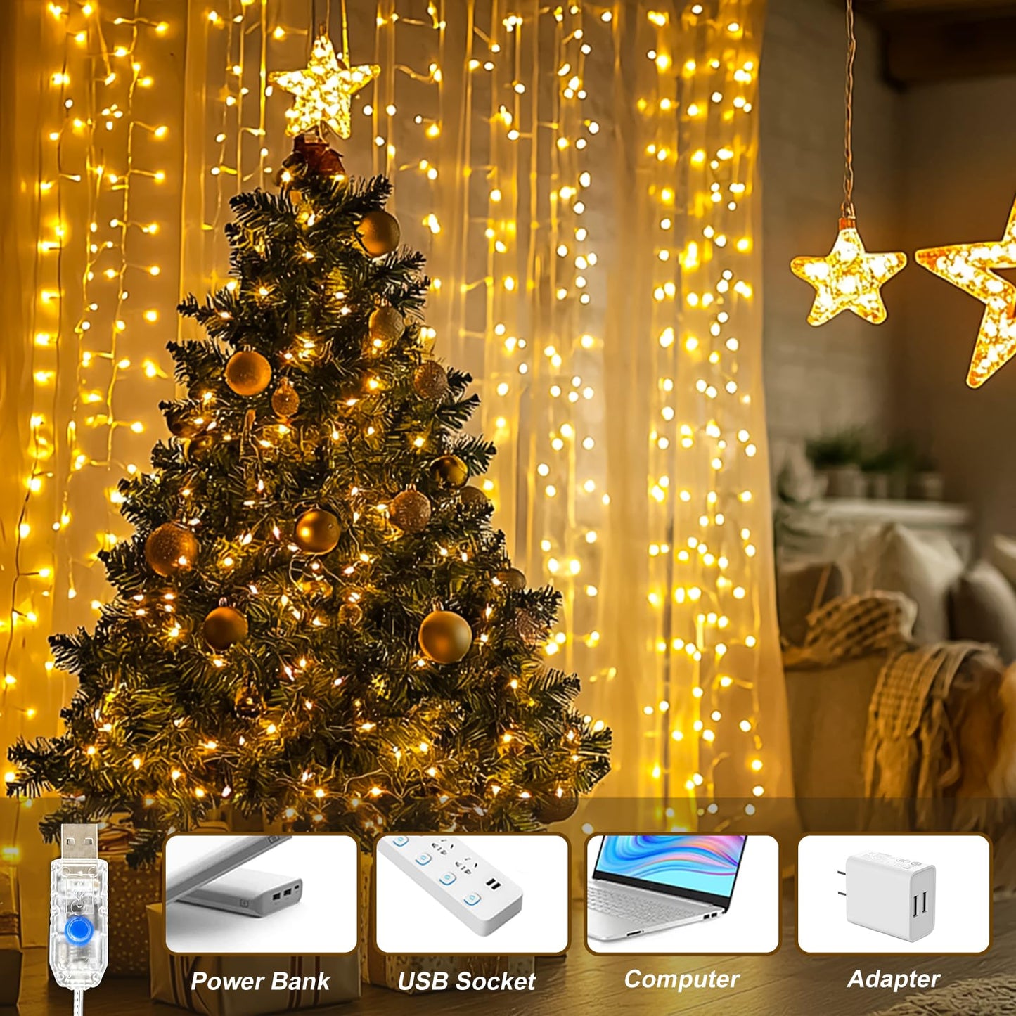 SINAMER Curtain Light for Bedroom, 200LED 6.6x6.6ft Warm White Window Wall Hanging Fairy Curtain String Light, 8 Modes Remote Fairy String Lights Indoor for Wedding Party Home Garden Decorations