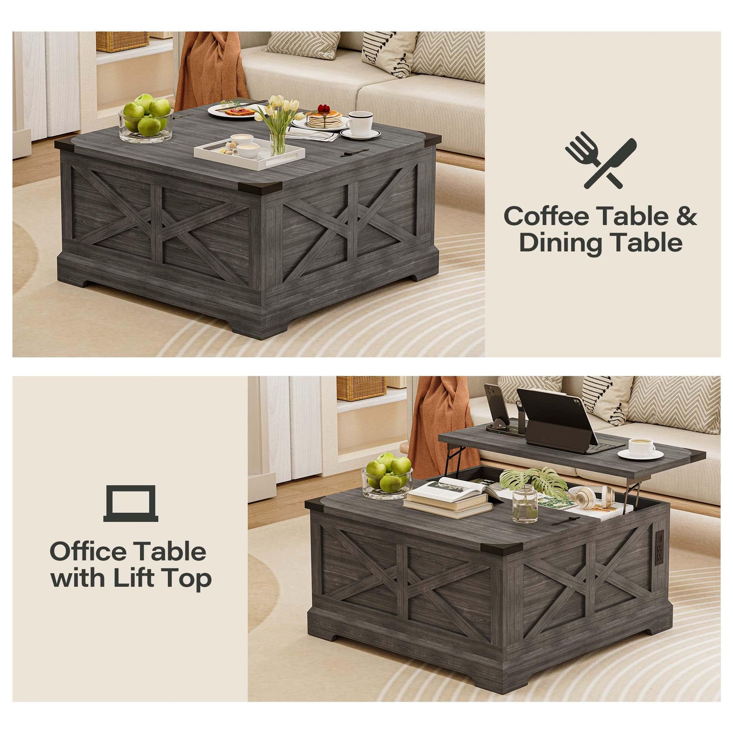 LAUSAINT HOME Farmhouse Lift Top Coffee Table with Large Hidden Storage Compartment, Wood Square Center Table with Lifting Top for Living Room, Home Office,Gray