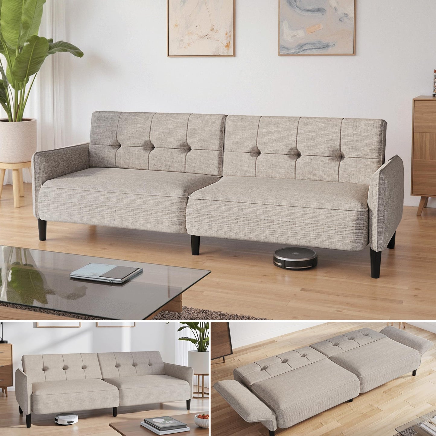 EROMMY 87.8" Futon Sofa Bed, Convertible Futon Couch with Adjustable Backrest & Armrest, Couch Bed with Solid Wood Frame for Small Spaces, Sofa Bed for Small Living Room