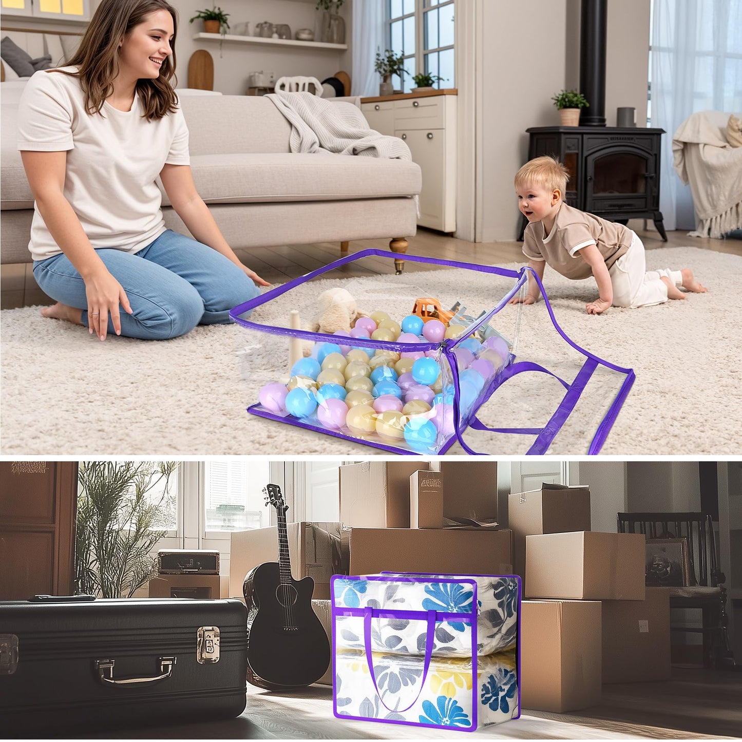 Budding Joy 6 Pack Clear Zippered Storage Bags for Clothes,40L Closet Organizers and Storage Containers Vinyl Moving Bag for Bedding, Linen, Blankets, Comforters, Clothing & Toys