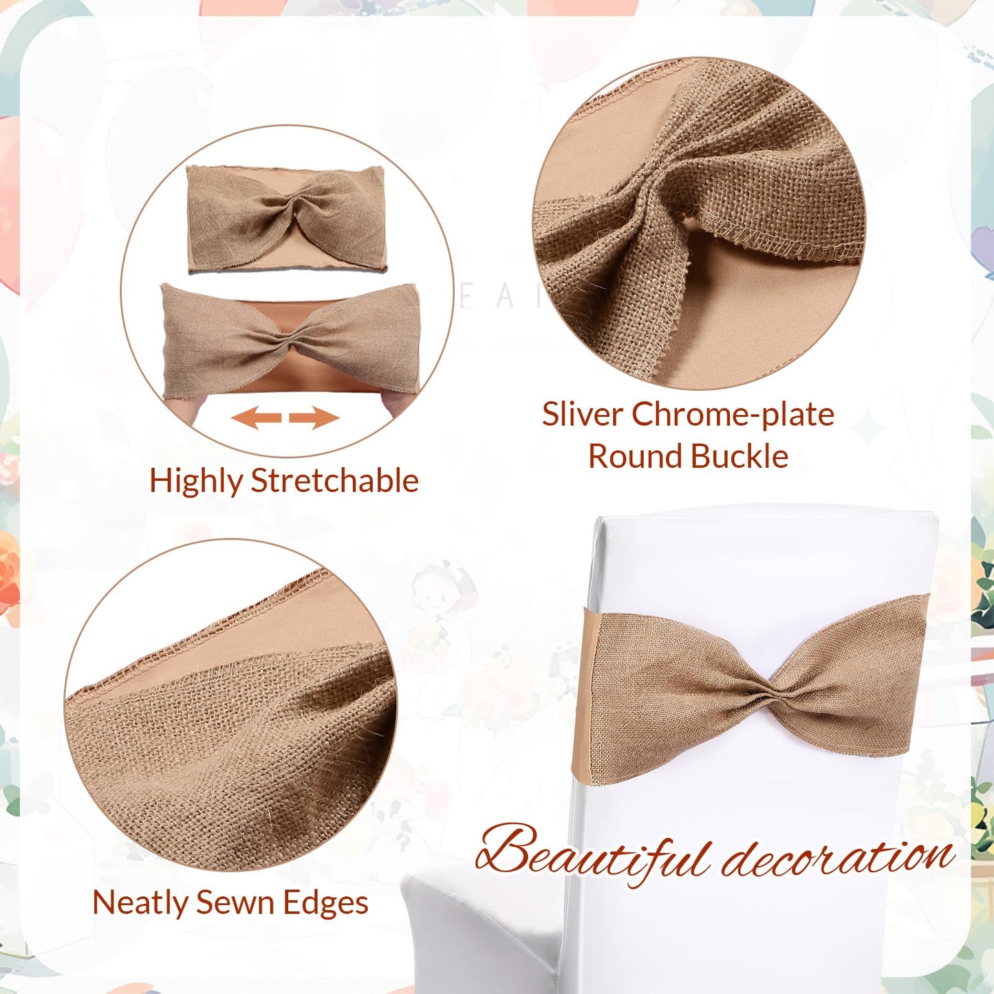 Newwiee Burlap Stretch Chair Sashes Linen Spandex Chair Bands Ties Dining for Wedding Dining Banquet Event Party Favor Ceremony Decoration(48 Pieces)