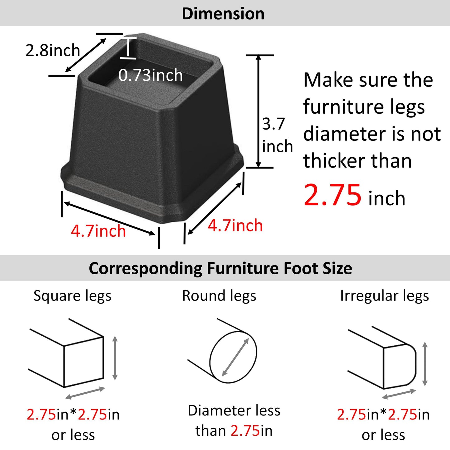 Whynonap Bed Risers 3 Inch Heavy Duty Bed Elevators, Set of 6 Lifts Up 3,000 lbs Furniture Riser for Sofa and Table, Black