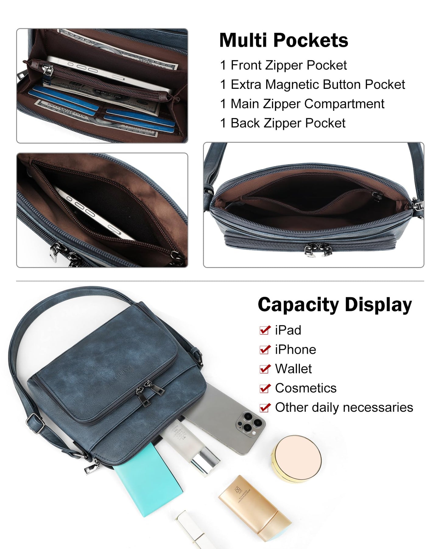 MASINTOR Crossbody Purse Bags for Women, Multi-Pocket Soft Leather Shoulder Purse, Lightweight Travel Handbag with Adjustable Strap Gray-Blue