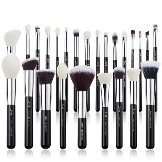 Jessup 25pcs Professional Makeup Brush Set Foundation Powder Concealer Eyeshadow Blending Blush Highlighter Natural-Synthetic Hair Brushes (Black/Silver)