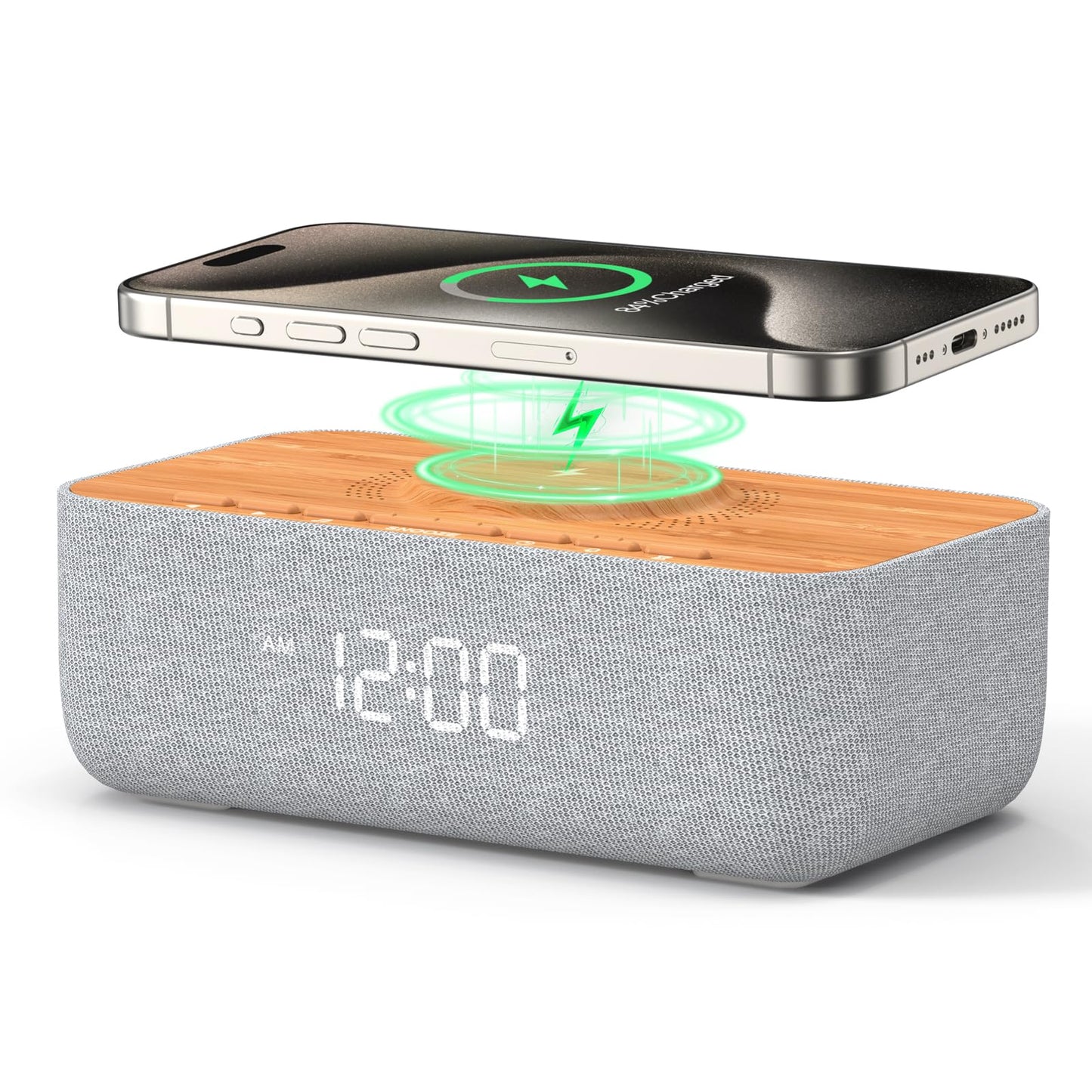 REACHER Sound Machine Alarm Clock with Auto-Align Magnetic Wireless Charging for iPhone, Fast Wireless Charger Alarm Clocks White Noise Machine for Sleeping, Dimmable Display for Bedrooms-Wood Grain