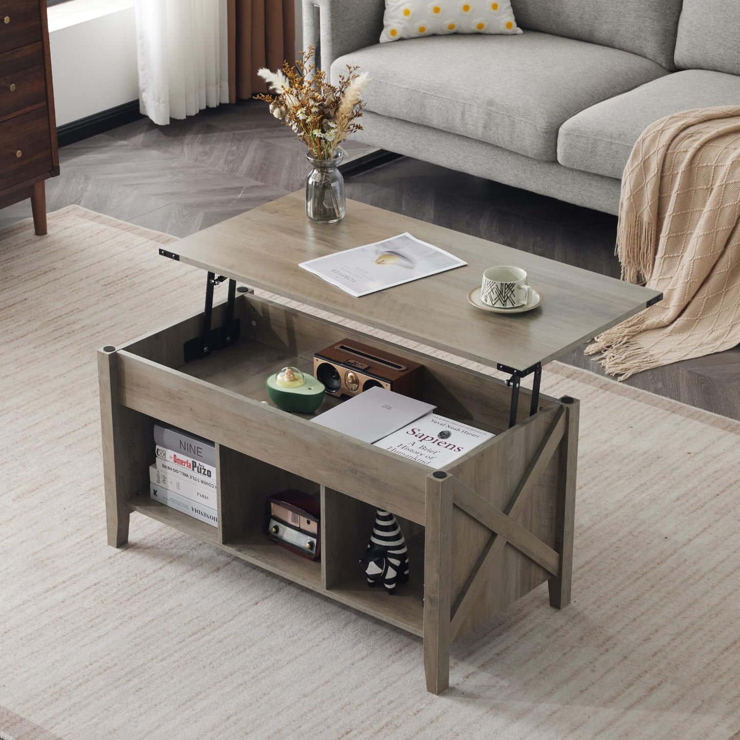 VINGLI Farmhouse Lift Top Coffee Table, Rustic Grey with Storage Shelf/Hidden Compartment, Mesa De Centro para Sala