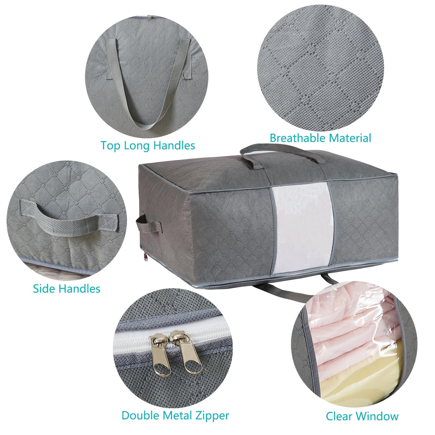 105L Extra Large Storage Bags for Blankets, King Comforters, Bedding, Clothes, Pillows, Sheets - Closet Organizers and Storage with 4 Handles & Clear Window, Foldable & Breathable (Grey, 3pack)
