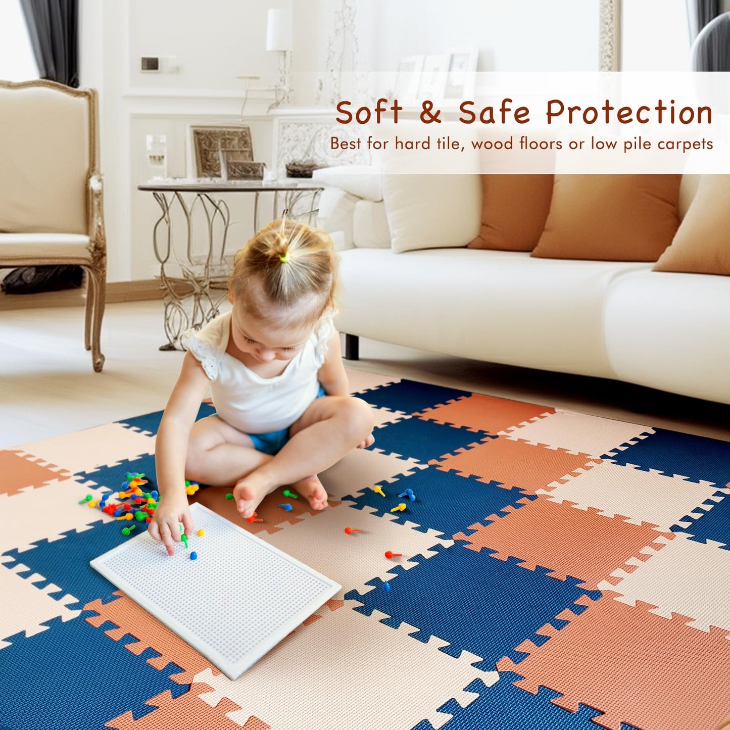 TCBunny Kids Soft EVA Foam Jigsaw Puzzle Play Mat, 18 Interlocking Tiles and Edges Baby Play Mat, for Kids Gym, Nursery, Playroom, Pet Mat, Total Floor Coverage 16 Sq Ft, Blue/Pink/Cream