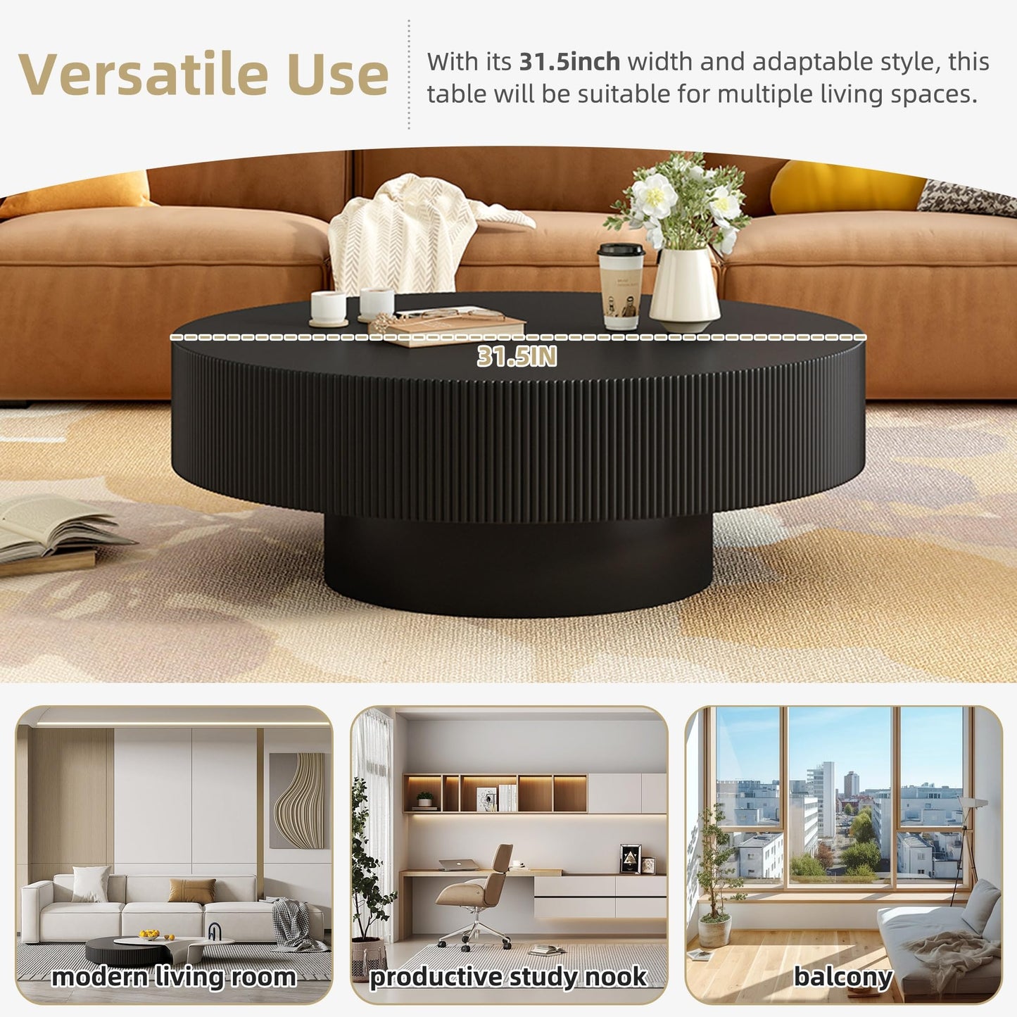 Merax Modern Round Coffee Table with Sturdy Base, Wood Center Tables for Living Room Reception Room, Easy Assemble, Black