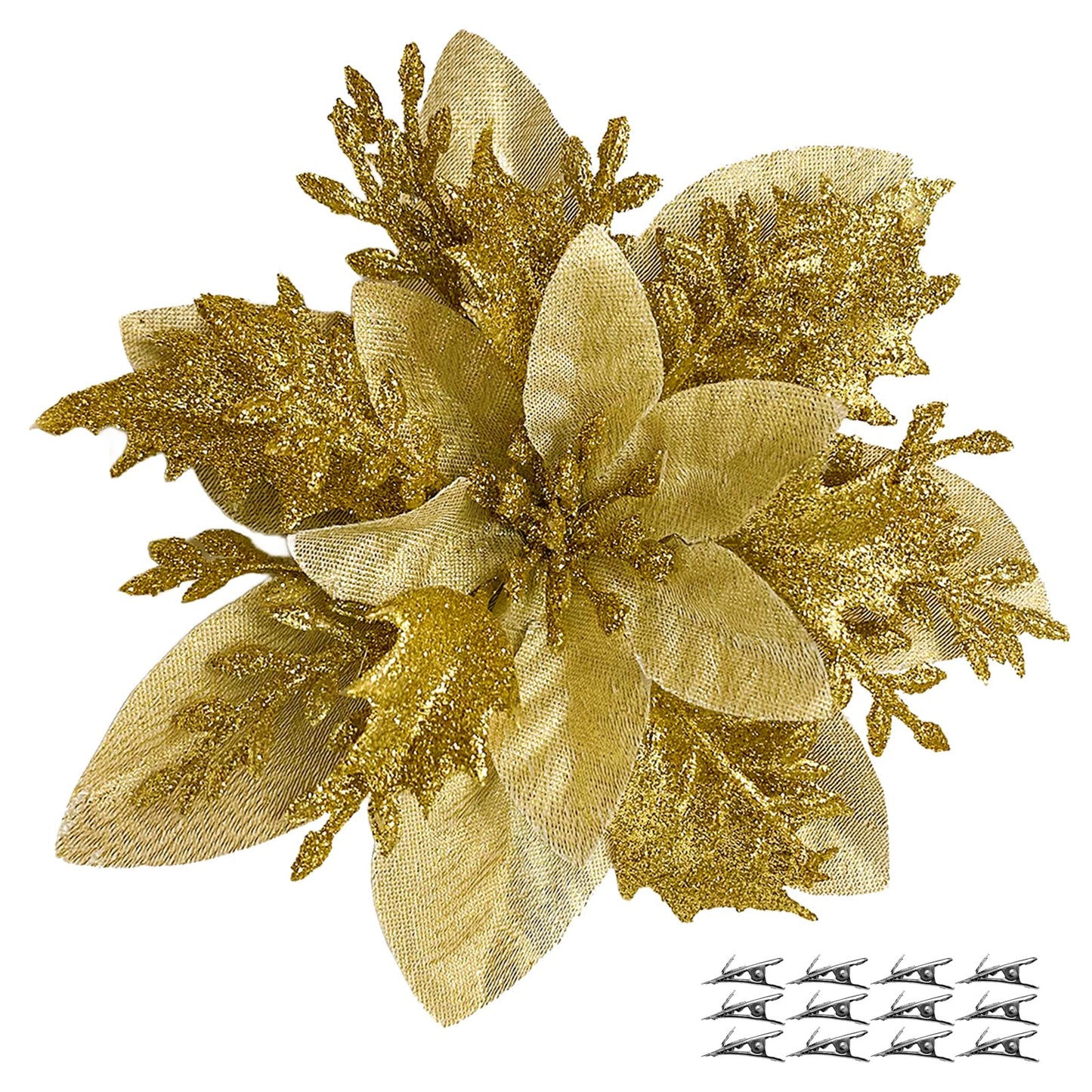 yuagolle Christmas Artificial Poinsettia Flowers: 12pcs Gold Poinsettia with Clips Silk Glitter Picks Fake Floral, for Decorations, Xmas Tree Decor, Wreath Garland Bulk, Wedding, New Year Ornaments