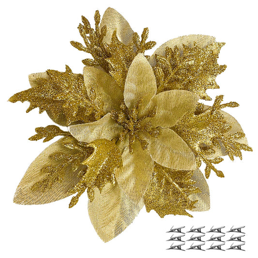 yuagolle Christmas Artificial Poinsettia Flowers: 12pcs Gold Poinsettia with Clips Silk Glitter Picks Fake Floral, for Decorations, Xmas Tree Decor, Wreath Garland Bulk, Wedding, New Year Ornaments
