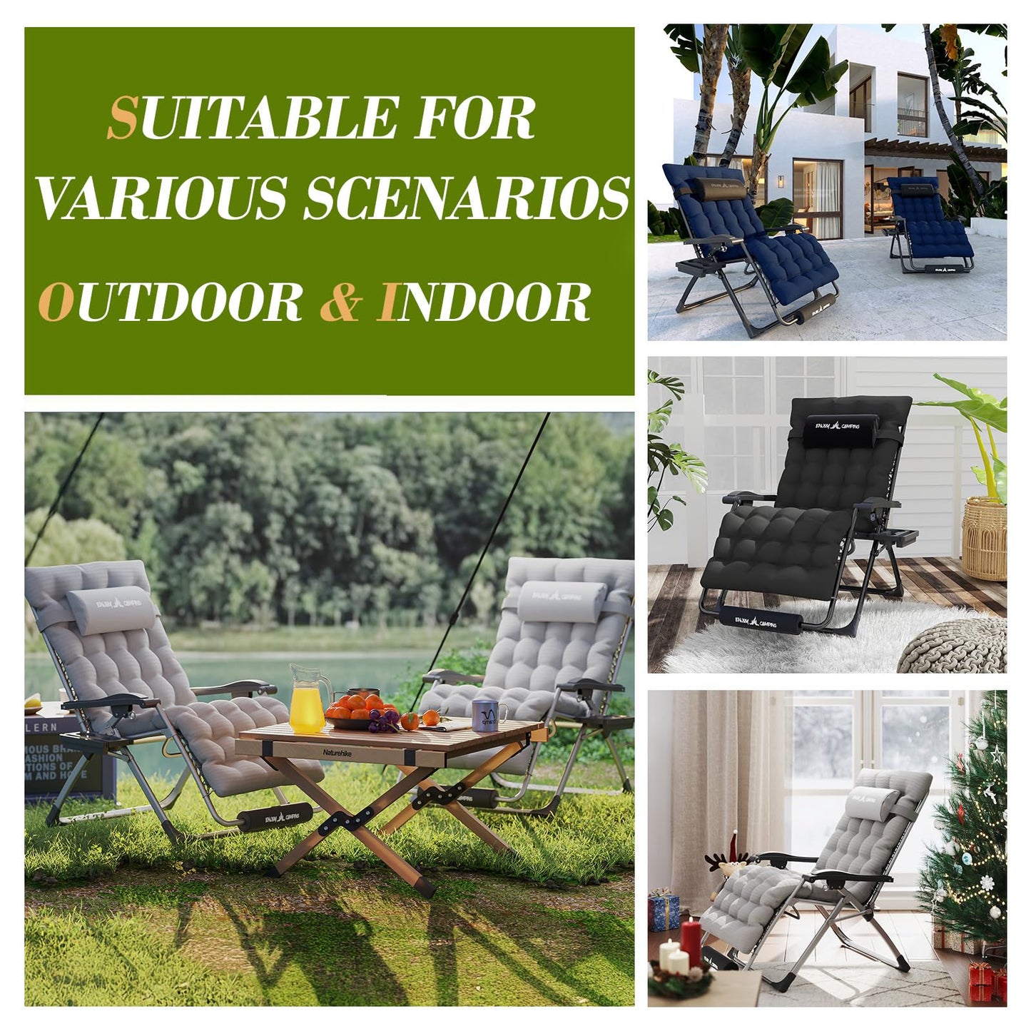 Oversized Outdoor Zero Gravity Chair with Removable Cushion, XL Folding Patio Reclining Lounge Chair with Tray/Footrest/Headrest for Indoor Camping Sunbathing Relaxing