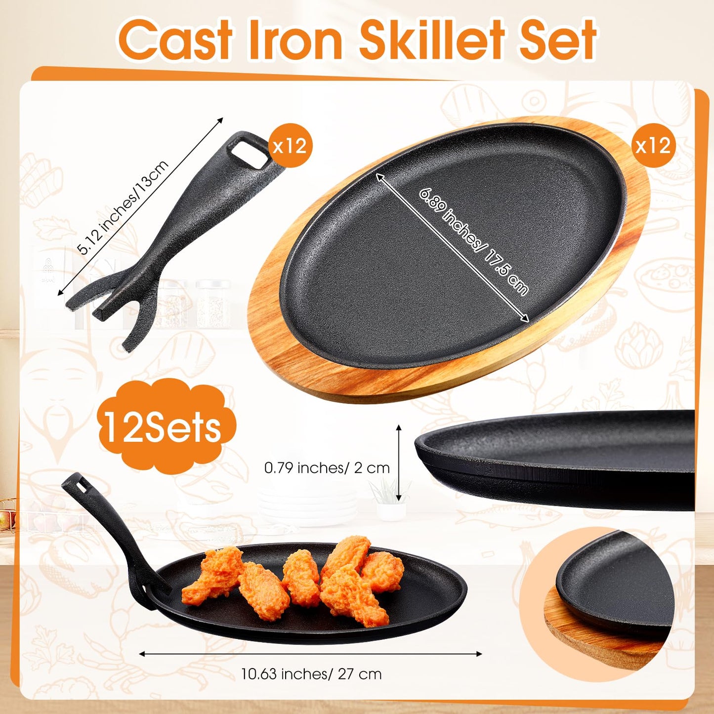 FoldTier 12 Sets Cast Iron Skillet Set 10.63'' x 6.89'' Fajita Plate Sizzling Pan with Wooden Base Anti Scald Protection Removable Handle for Restaurant Kitchen Cooking Accessory BBQ Party