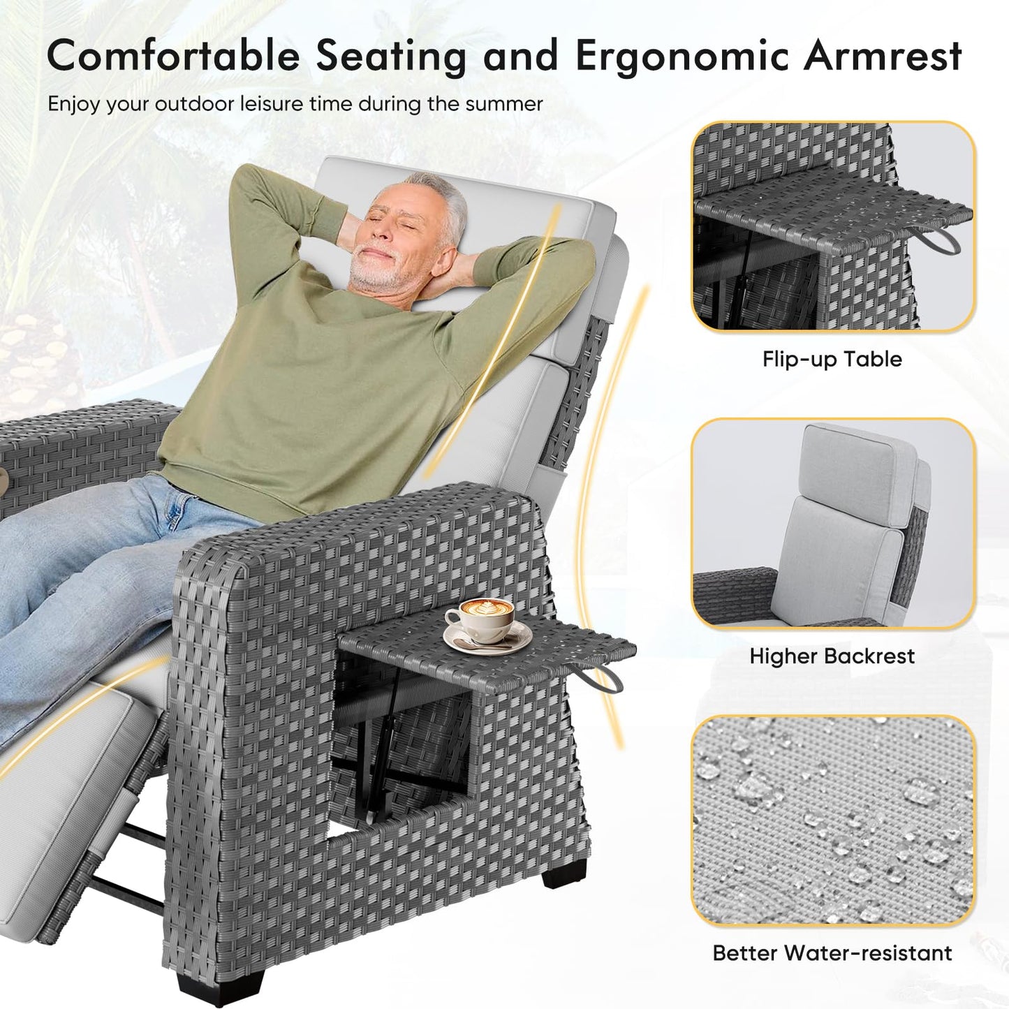 K Knowbody Outdoor Recliner Patio Chair, All-Weather Wicker Furniture Reclining with Air Pump, 150° Lay-Flat Position, Extended Footrest, Flip-Up Side Table, Removable Gray Olefin Cushions