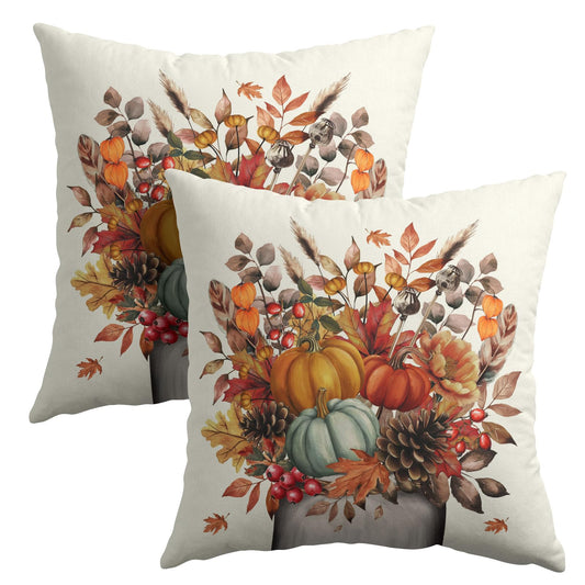 Fall Floral Maple Leaves Throw Pillow Covers 18X18 Inches Set of 2 Autumn Pumpkin Mason Jar Pillowcase Soft Cotton Linen Square Cushion Covers for Home Sofa Bedroom