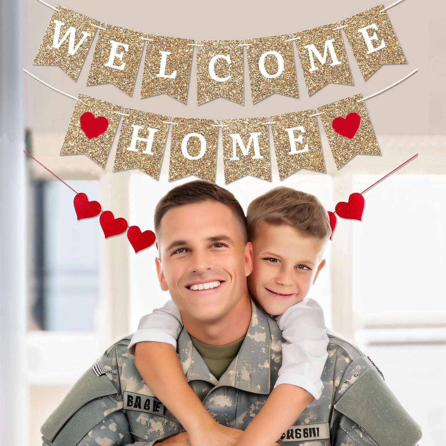 Gold Welcome Banner - Home Decoration, Ready to Hang - Housewarming & Military Commemorations - 8 ft Strand