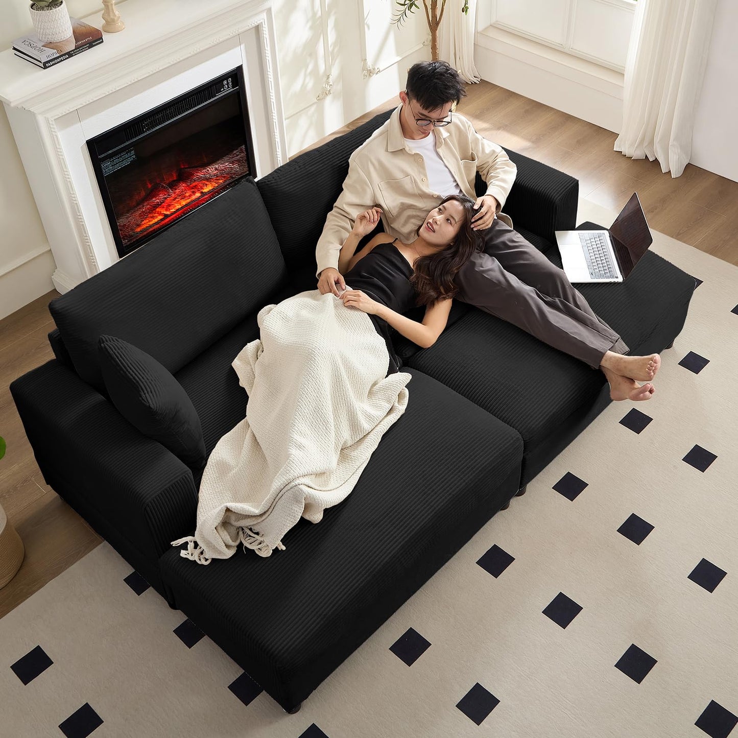 Mjkone Chaise Lounge Chair Indoor, 86 "W Oversized Double Sleeper Sofa with 2 Ottomans, Extra-Large Corduroy Upholstered Modular Sectional Couch Deep Seat for Reading, Living Room, Office, Black