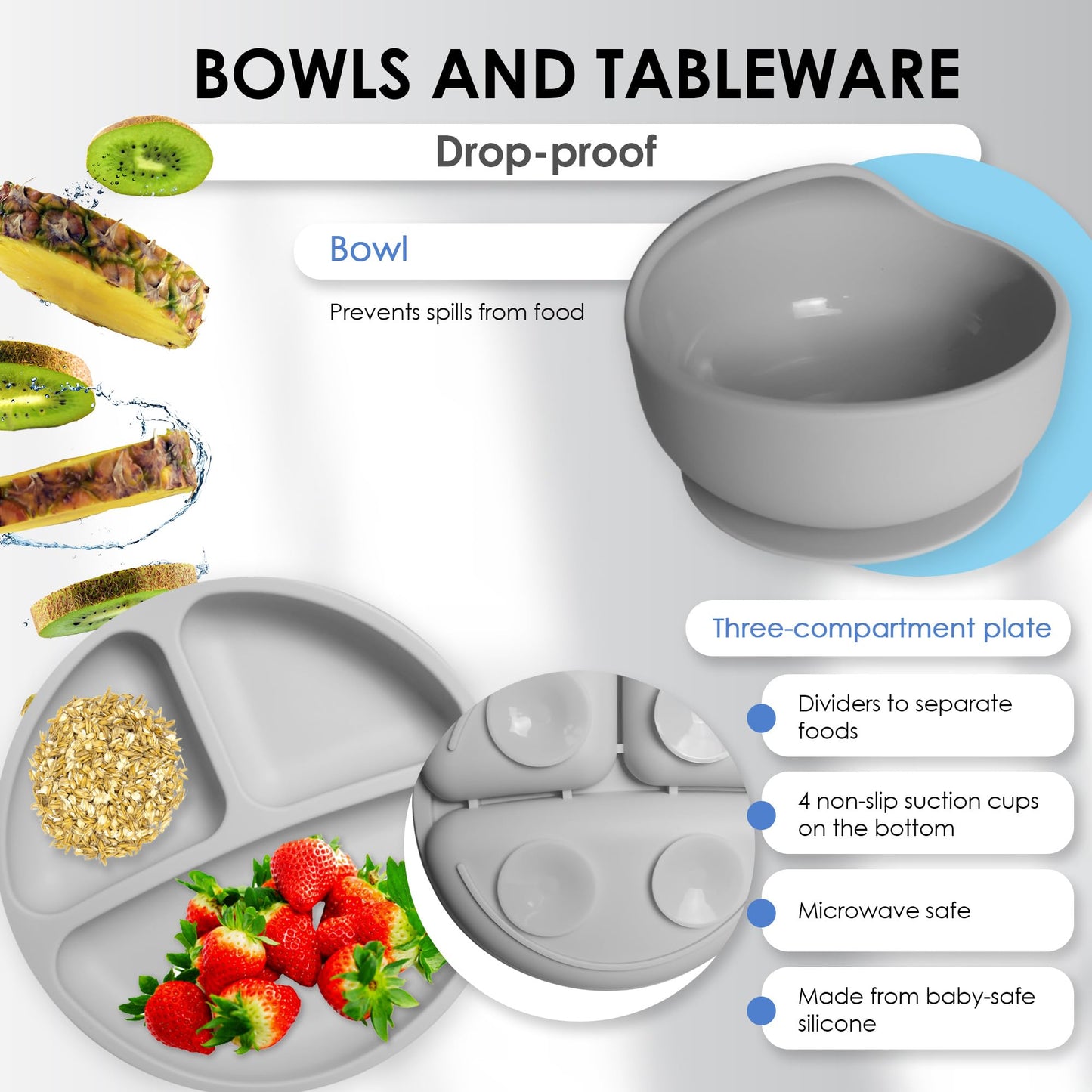 Bluet B- Silicone Baby Feeding Set with Pacifier - Baby Led Weaning Supplies - Baby Spoons, Suction Bowl - Plate - Baby Utensils Set - Silicone Feeding Set for Baby First Foods - 11pcs - Gray