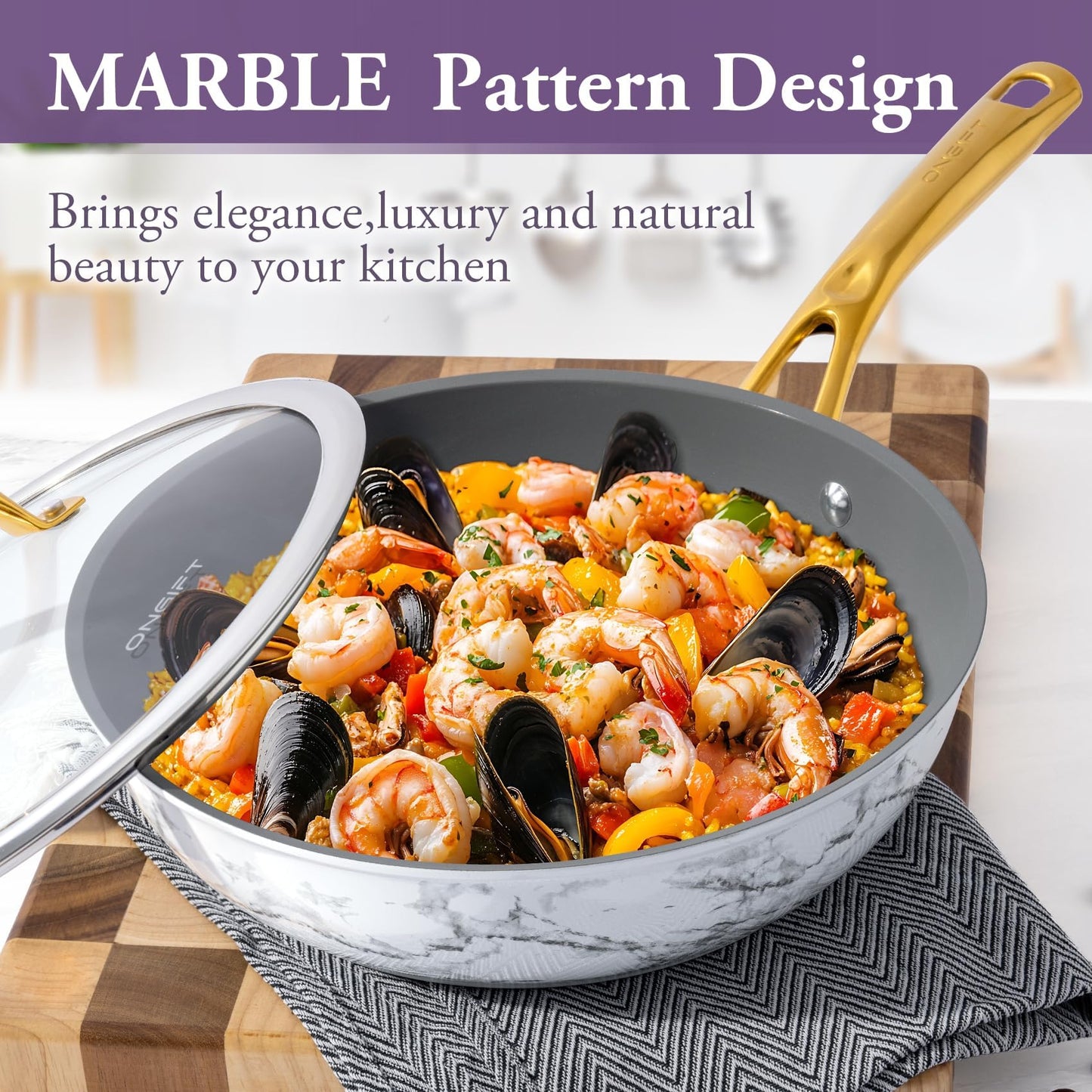 ONGIFT 16Pcs Nonstick Cookware Sets, Kitchen Pots and Pans Set Non Stick for Cooking, Non Toxic Induction Cookware, Oven & Dishwasher Safe, Mable White