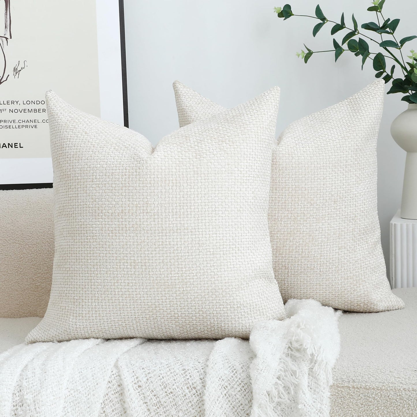 Stellhome Pack of 2 Woven Textured Decorative Throw Pillow Covers Soft Chenille Accent Luxury Cushion Cases for Living Room Couch Bed Sofa Farmhouse Boho Home, 20x20 inch, Cream