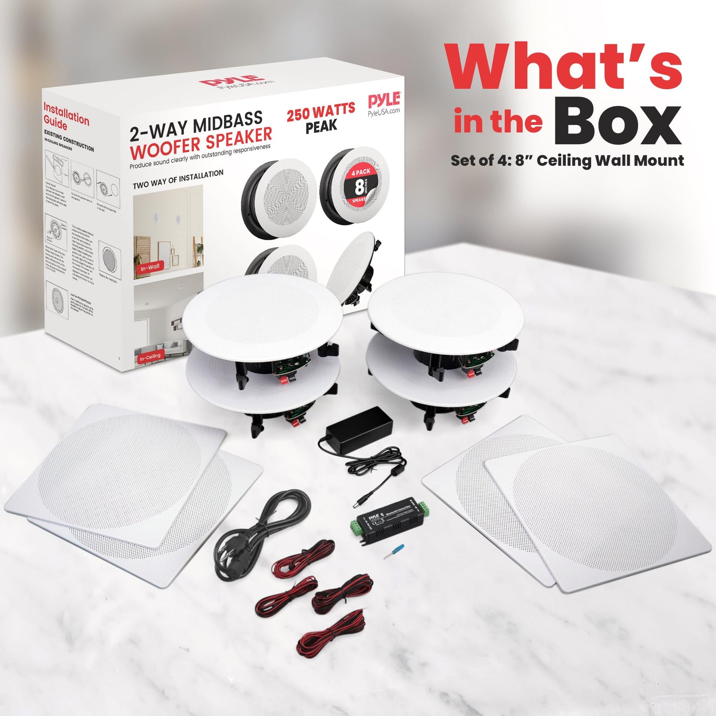 Pyle 8” 4 Bluetooth Flush Mount - In-wall In-ceiling 2-Way Speaker System Quick Connections Changeable Round/Square Grill Polypropylene Cone & Tweeter Stereo Sound 4 Ch Amplifier 250 Watt - PDICBT286