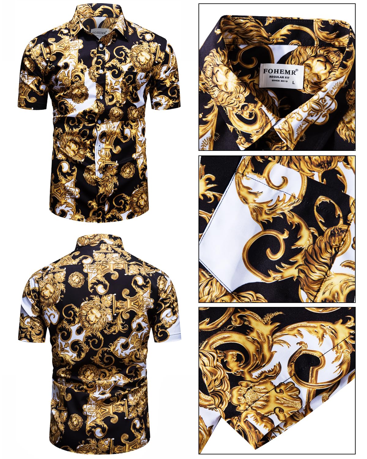 fohemr Mens Luxury Outfit Set Black Gold Shirts And Shorts 2 Piece Tracksuit Set Baroque Button Down Chain Print Suit with Bucket Hats 4X-Large