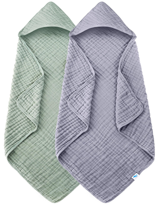 SWEET DOLPHIN Muslin Hooded Baby Bath Towels - 2 Pack 100% Cotton Towel for Babies, Infants, Toddlers - 32x32Inch - Highly Absorbent and Newborn Essential, Light Bean Paste