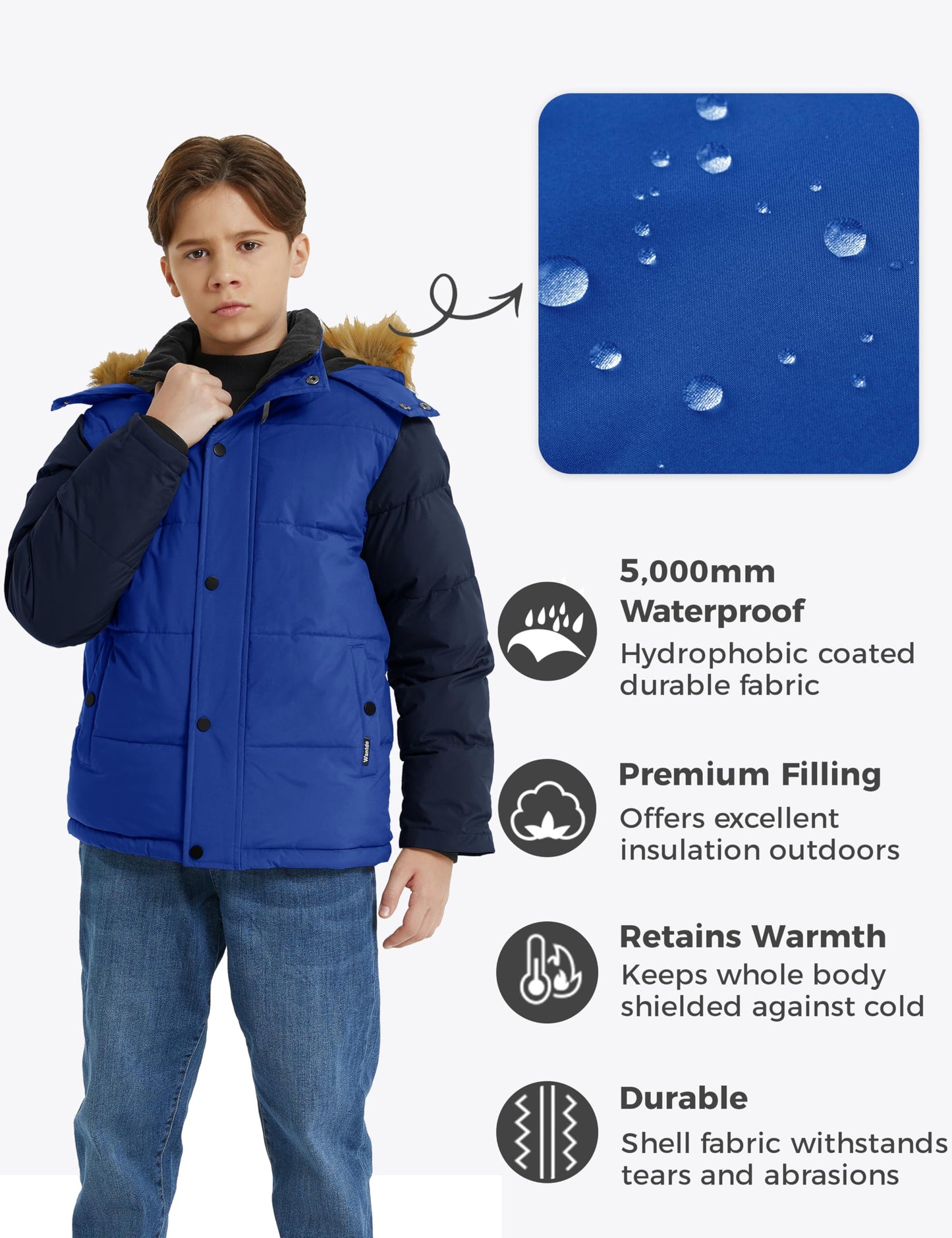 wantdo Boys' Puffer Jacket Warm Thick Winter Coat Hooded Outerwear Acid Blue navy 8