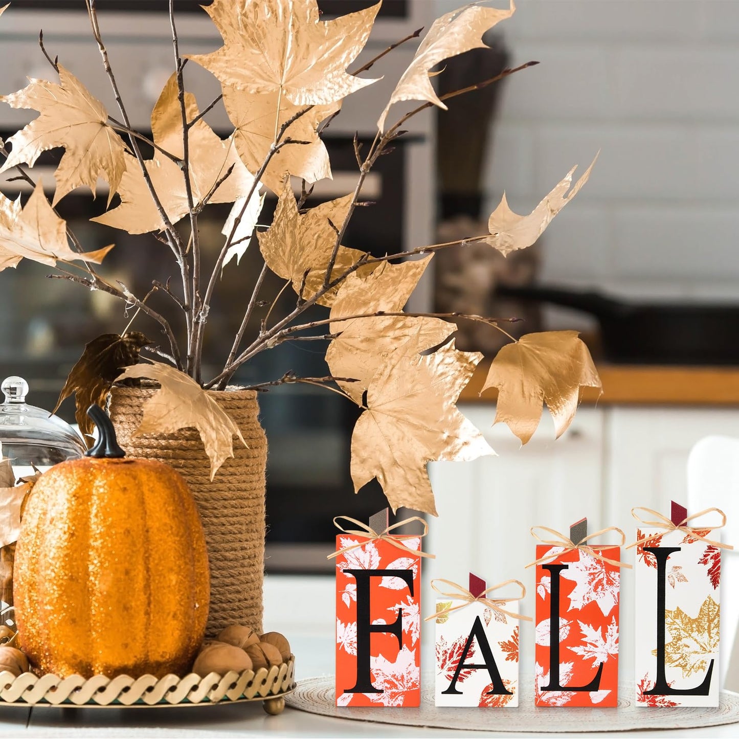 Fall Decorations for Home - 4 PCS Wood Fall Lettered Pumpkin Sign Block Set Autumn Centerpieces Decor for Tables Tabletop Desk Tiered Tray Farmhouse Harvest Thanksgiving Office Indoor Party Decor